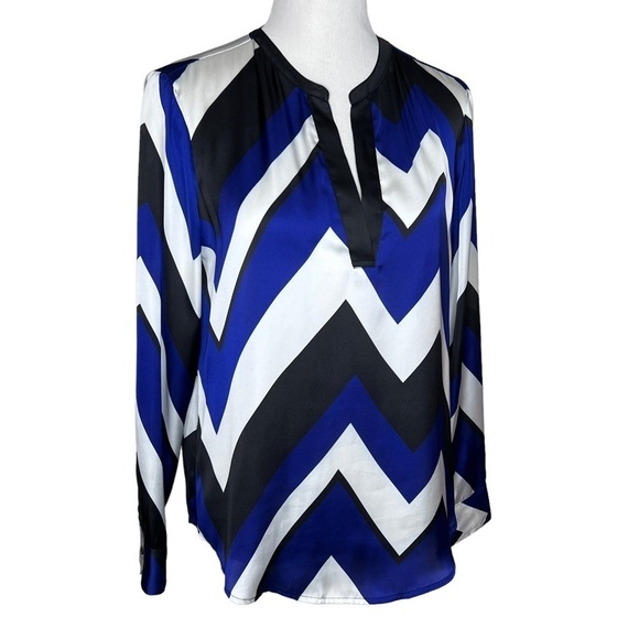 Lauren Ralph Lauren Retro Chevron Print Blouse Size PM Cobalt Blue Black White - Picture 9 of 12